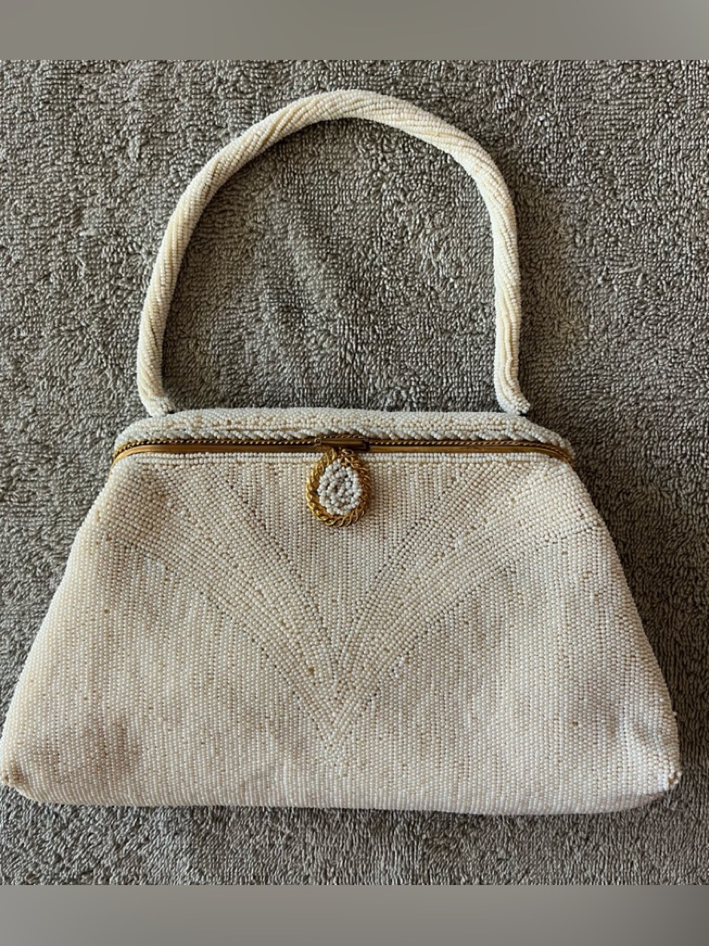 Vintage White/Cream Beaded Womens Clutch Handbag with Rope Handle. By Jorelle.